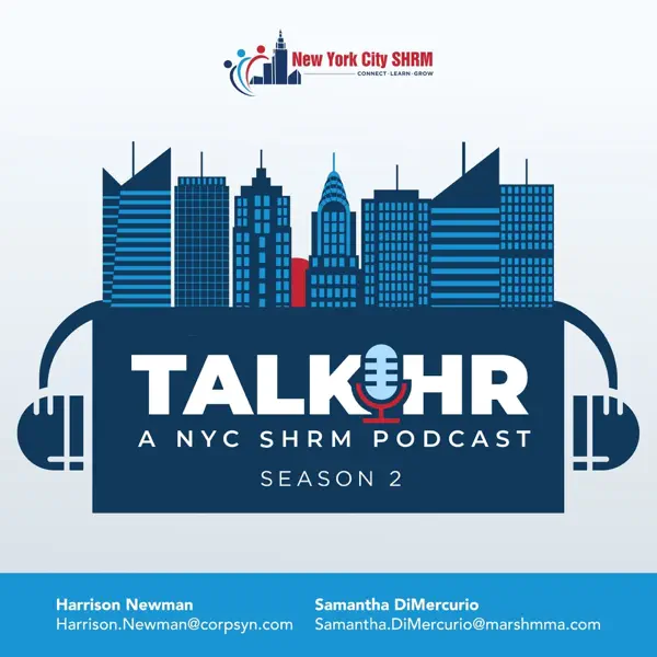 Stylized cityscape with headphones forms the background for "TalkHR: A NYC SHRM Podcast, Season 2" logo. Clean design, professional tone.